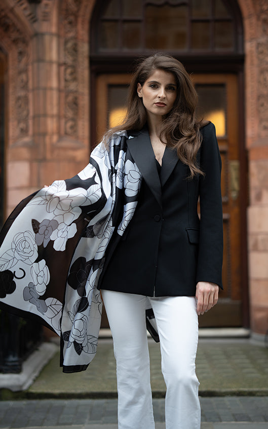 Silk Scarf in Black and White Floral Print Gratitude Fashion Limited