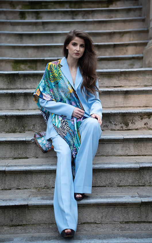 Blue Floral & Multicoloured Zebra Print Silk Scarf Combo