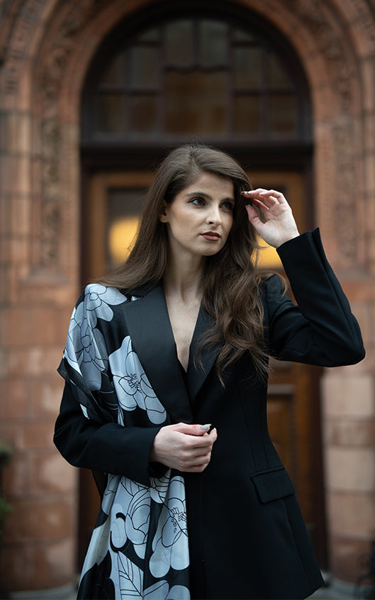 Silk Scarf in Black and White Floral Print