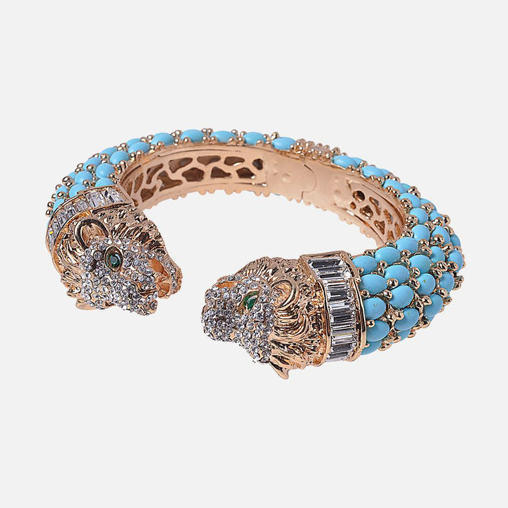 Two Headed Lion Crystal Embellished Cheetah Bangle in Turquoise and Gold