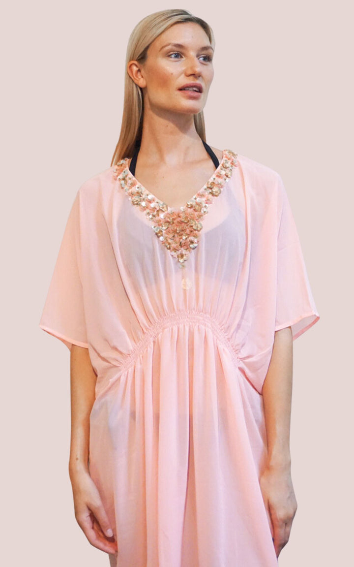 Short Pink Kaftan With Embroidered Detailing