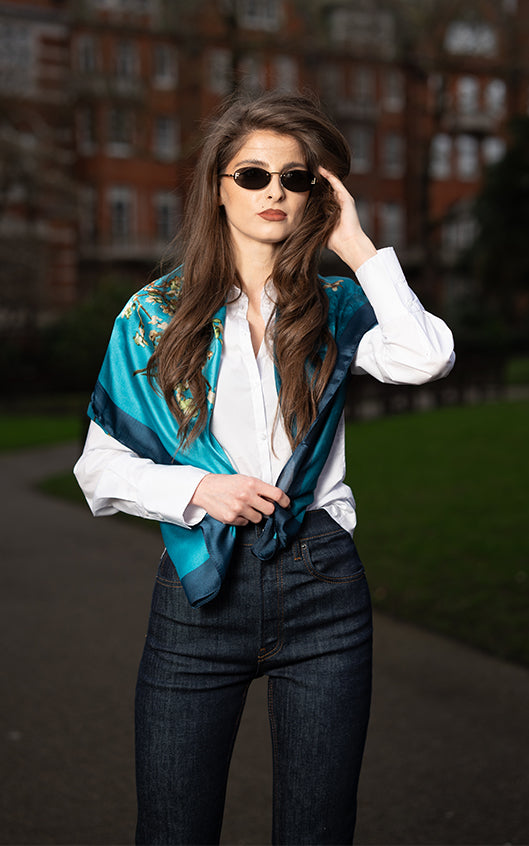 Blue Floral Silk Scarf