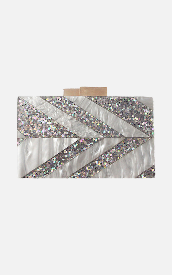 White Marble and Silver Glitter Acrylic Clutch