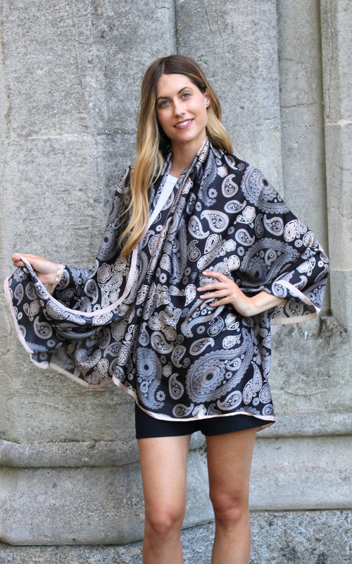 Black Silk Scarf With Paisley Design