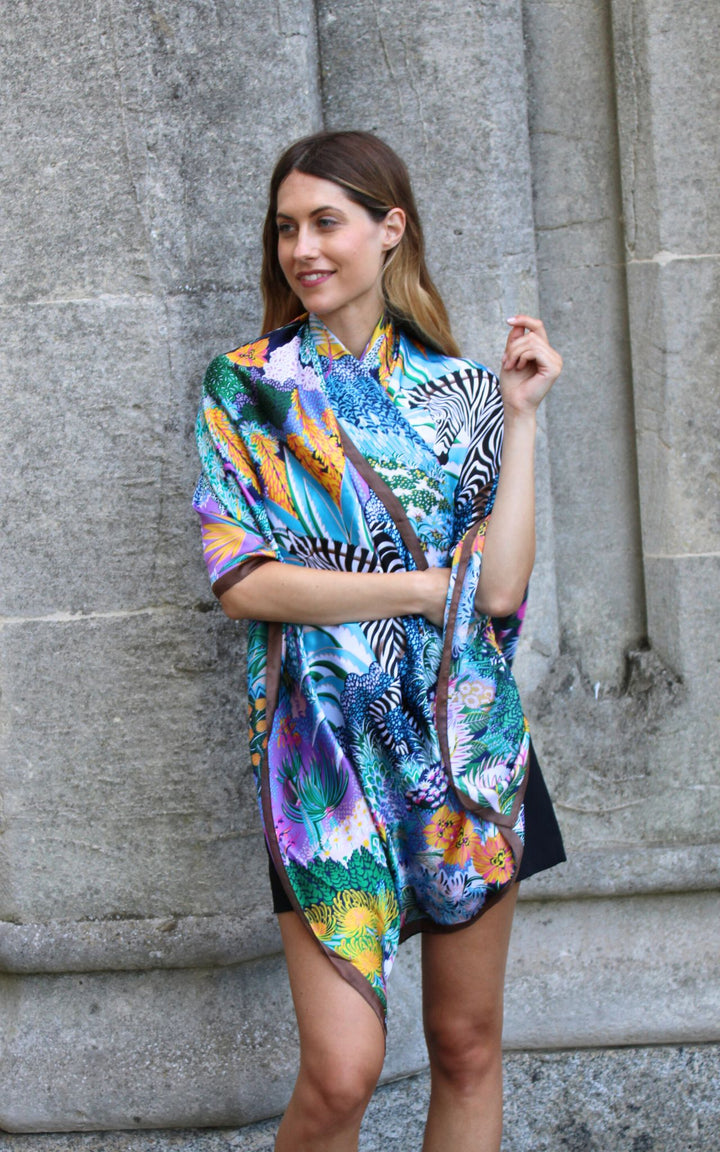 Multicoloured Silk Scarf With Zebra Print