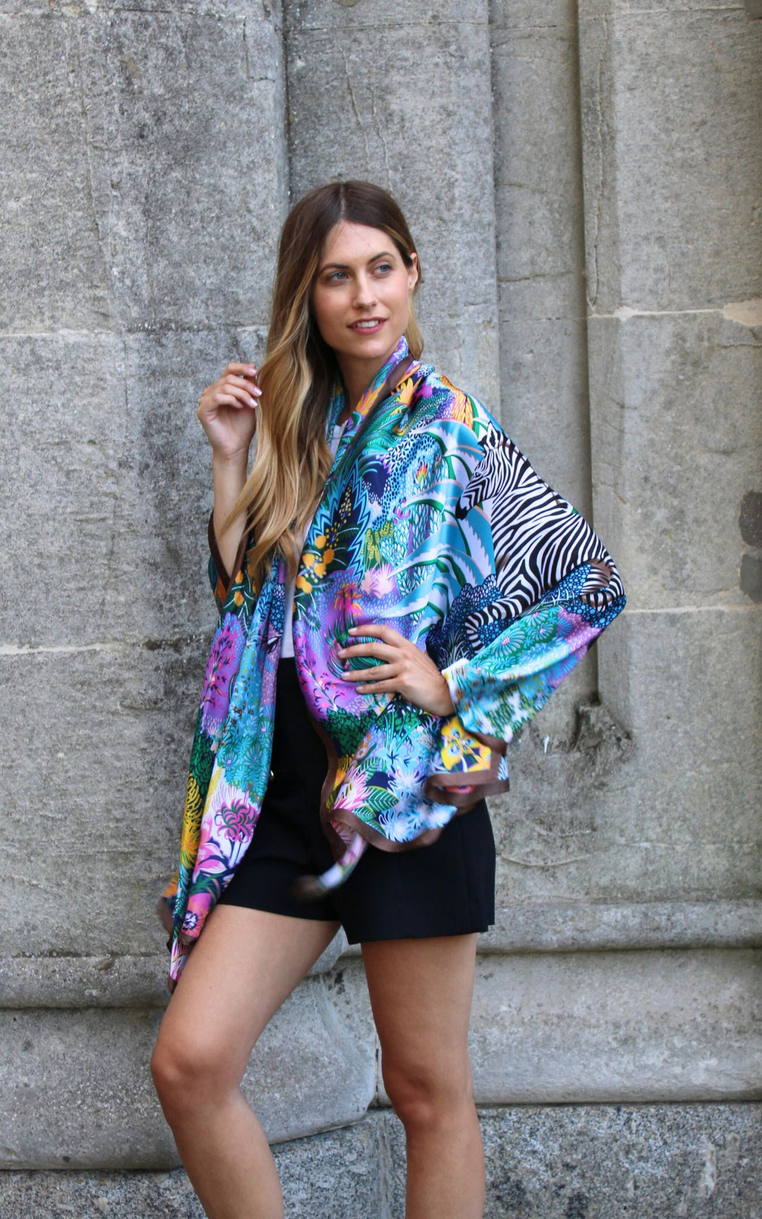 Multicoloured Silk Scarf With Zebra Print