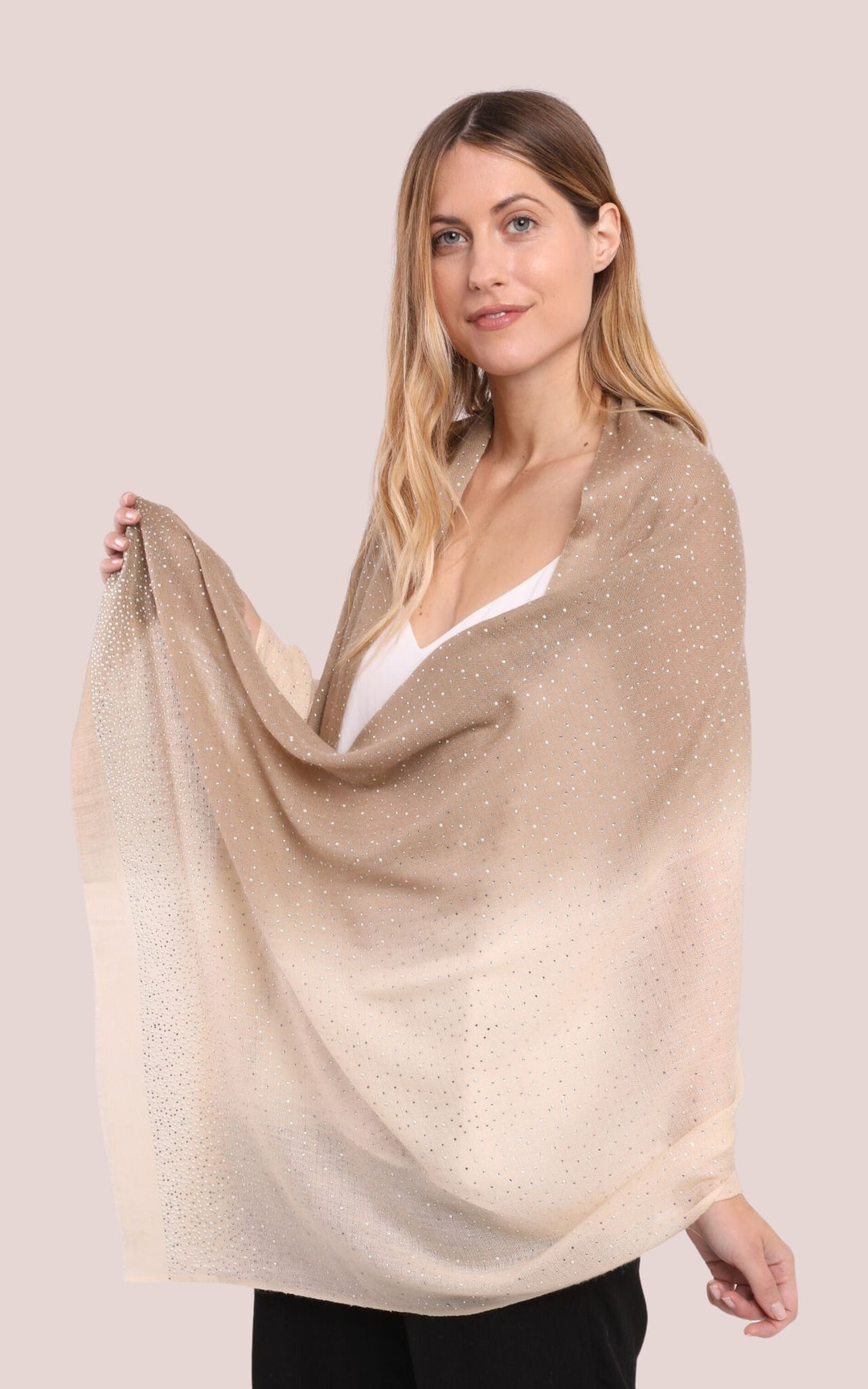 Beige Shaded Cashmere Scarf with Crystals & Pearls