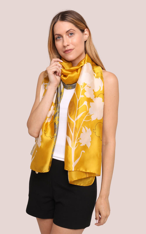 Silk Scarf in Mustard and White Snowdrop Print