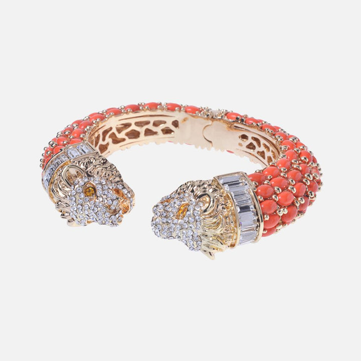 Two Headed Lion Crystal Embellished Cheetah Bangle in Orange and Gold