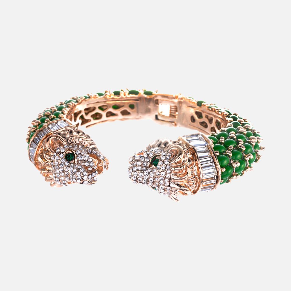 Two Headed Lion Crystal Embellished Cheetah Bangle in Green and Gold