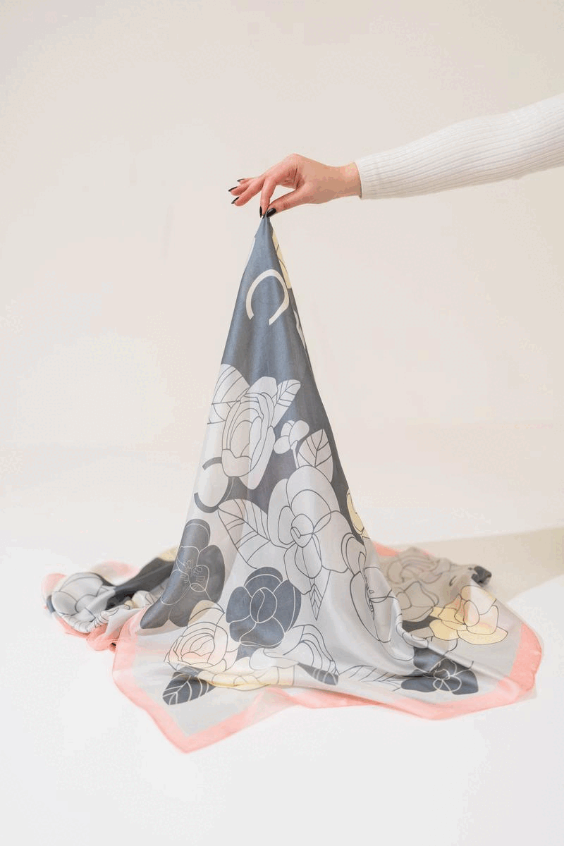 Silk Scarf in Grey and Pink Floral Print