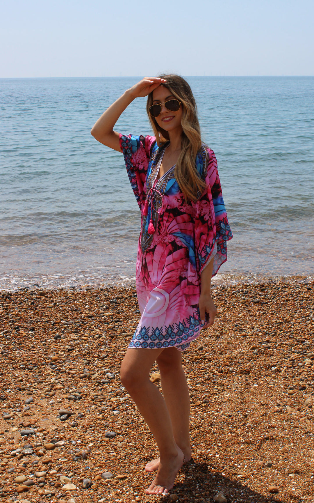 Short Pink Kaftan with Print Detail On Neckline