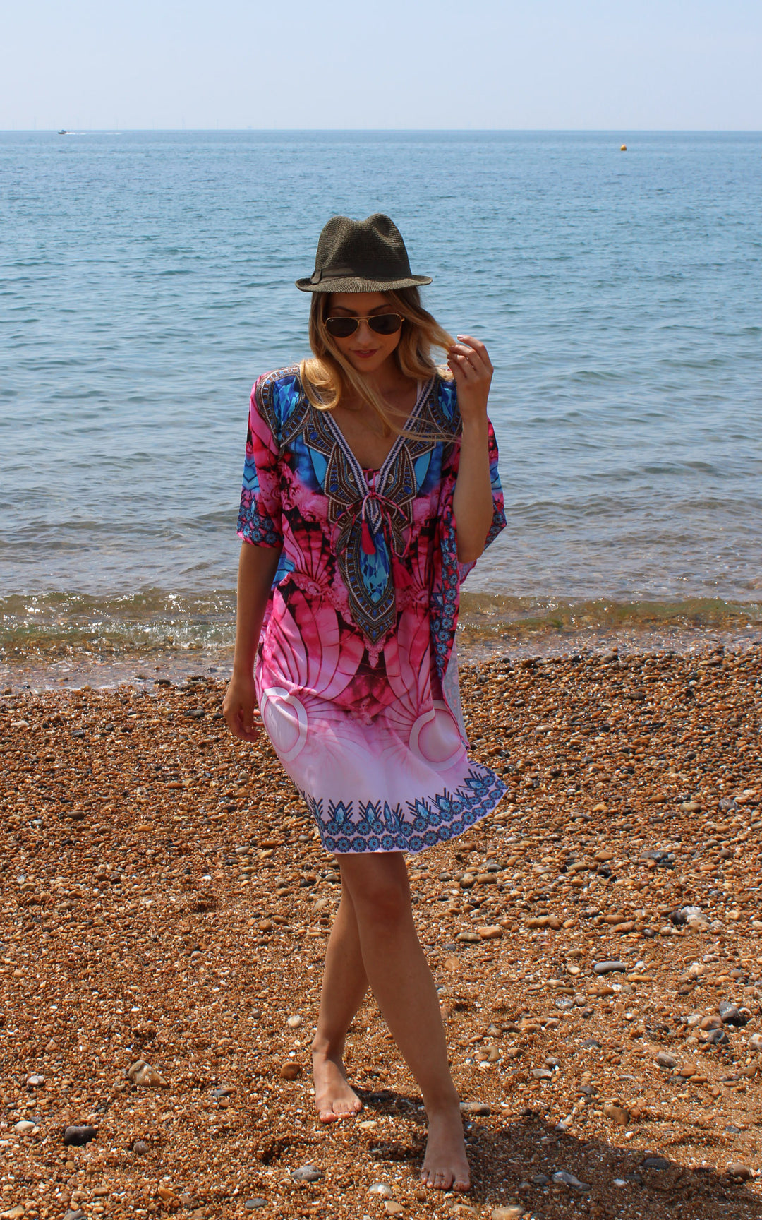 Short Pink Kaftan with Print Detail On Neckline