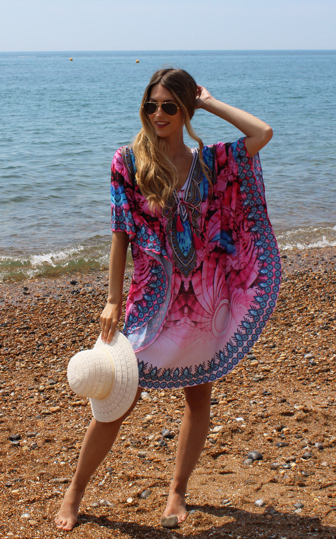 Short Pink Kaftan with Print Detail On Neckline