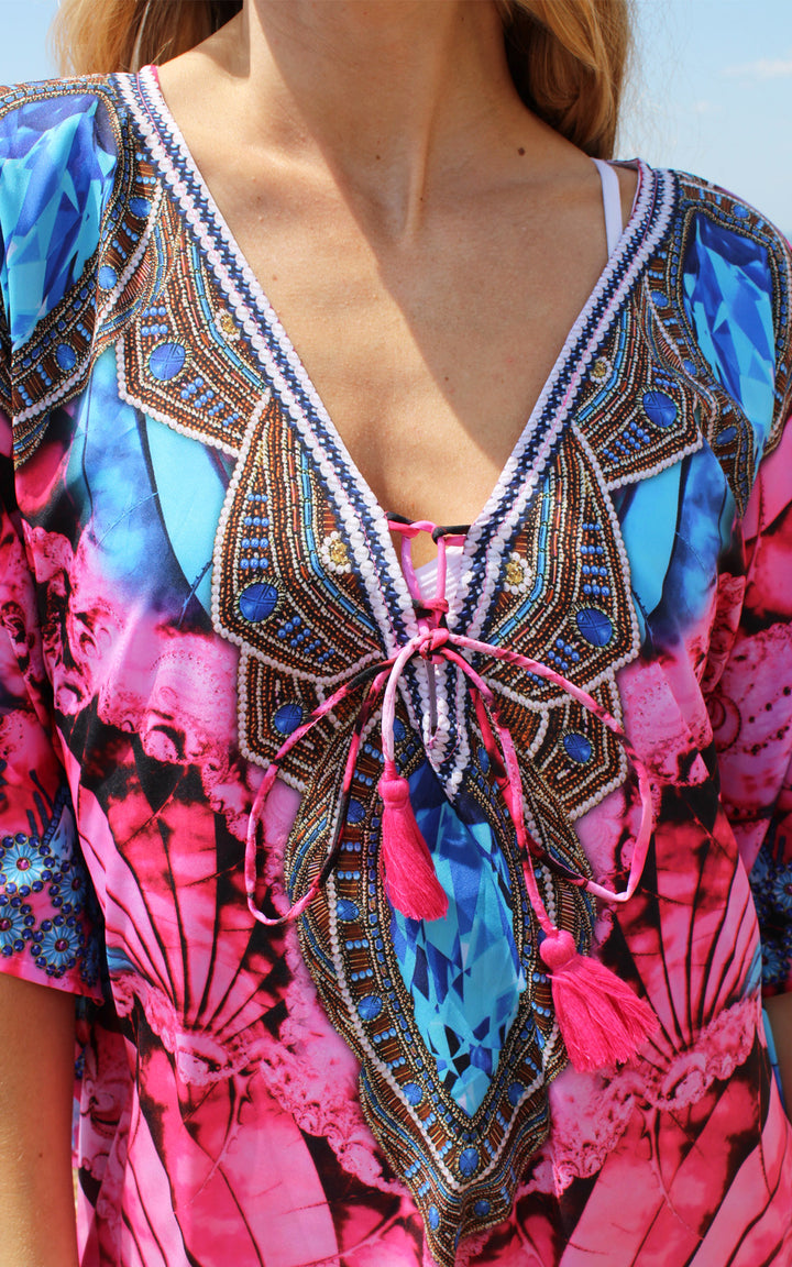 Short Pink Kaftan with Print Detail On Neckline