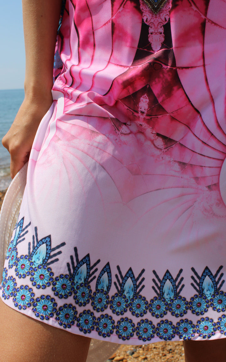 Short Pink Kaftan with Print Detail On Neckline