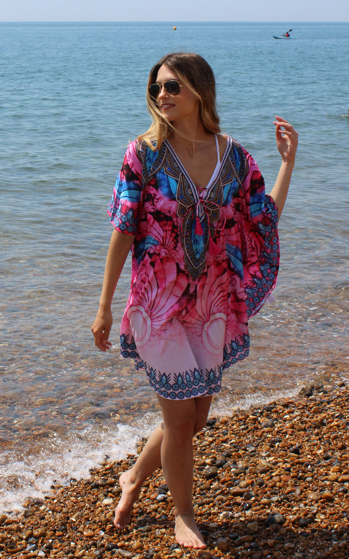Short Pink Kaftan with Print Detail On Neckline