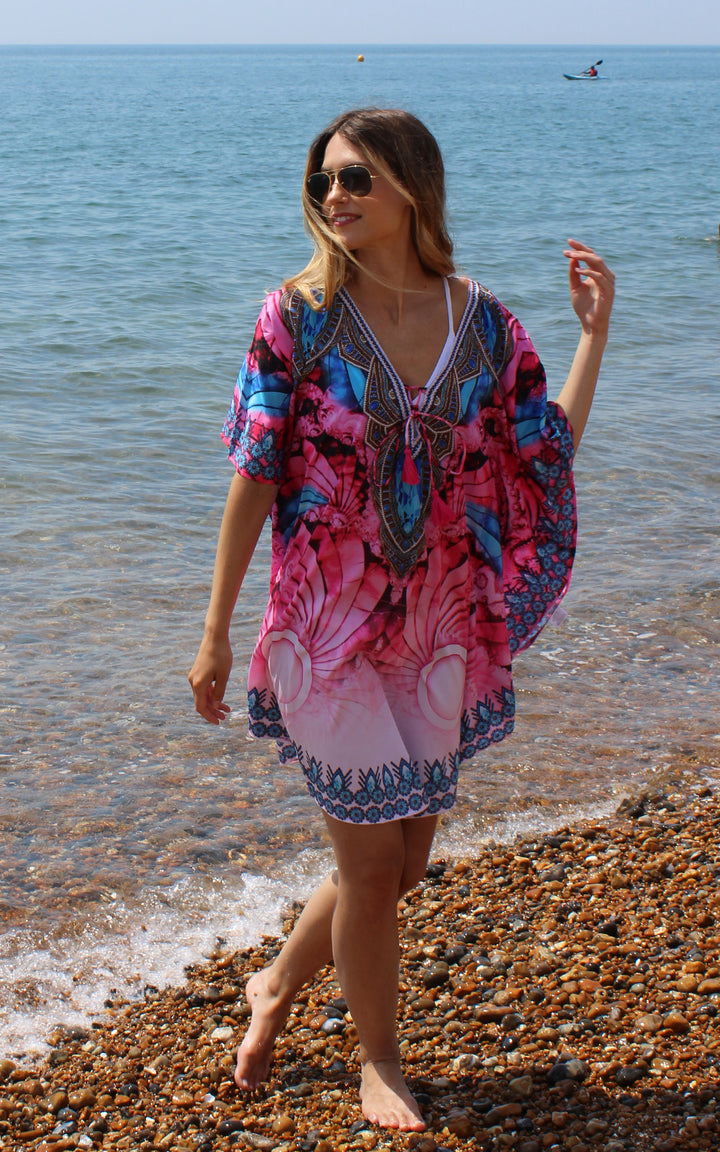 Short Pink Kaftan with Print Detail On Neckline