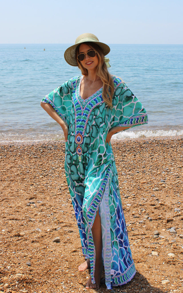 Phagun Women's Blue Floral & Skull Print Kaftan Dress - Beach Cover Up Or Loungewear, 38" Length - View #2