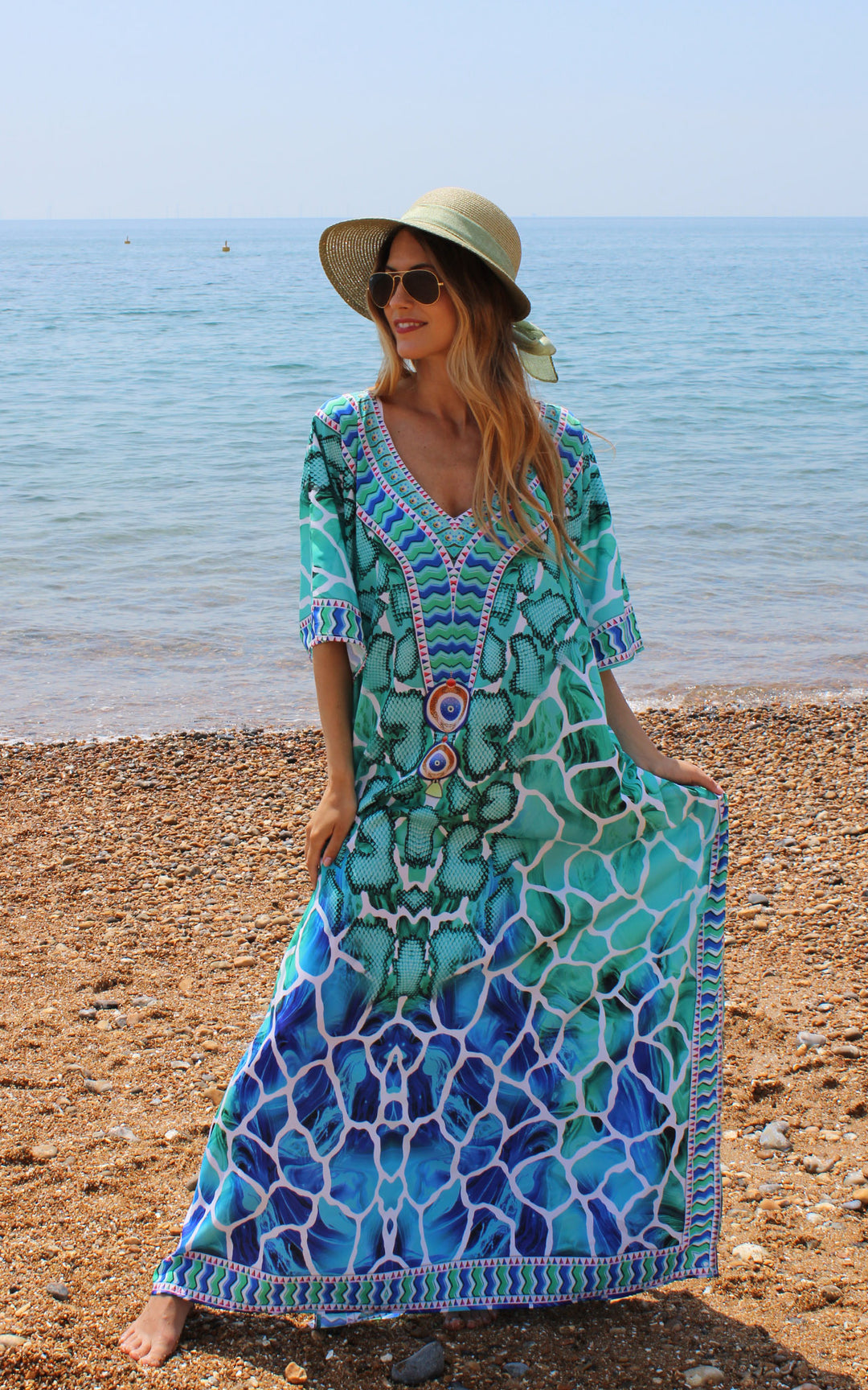 Long Sea Green and Blue Kaftan Dress