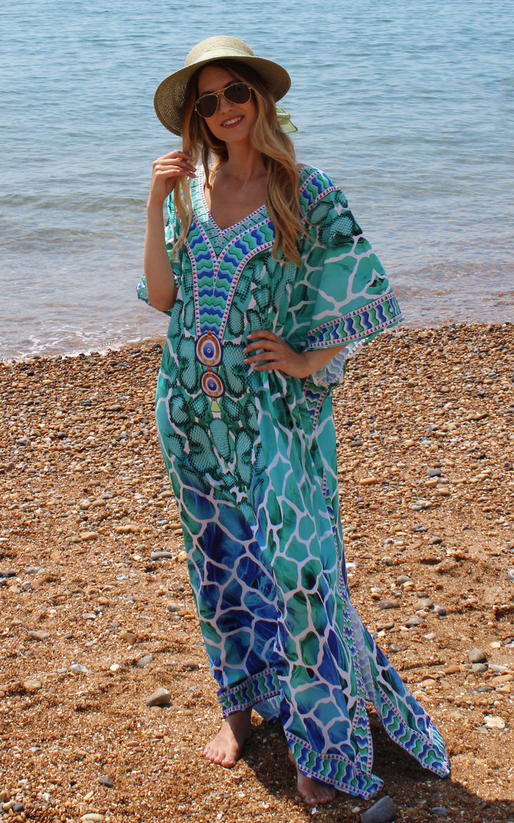 Long Sea Green and Blue Kaftan Dress