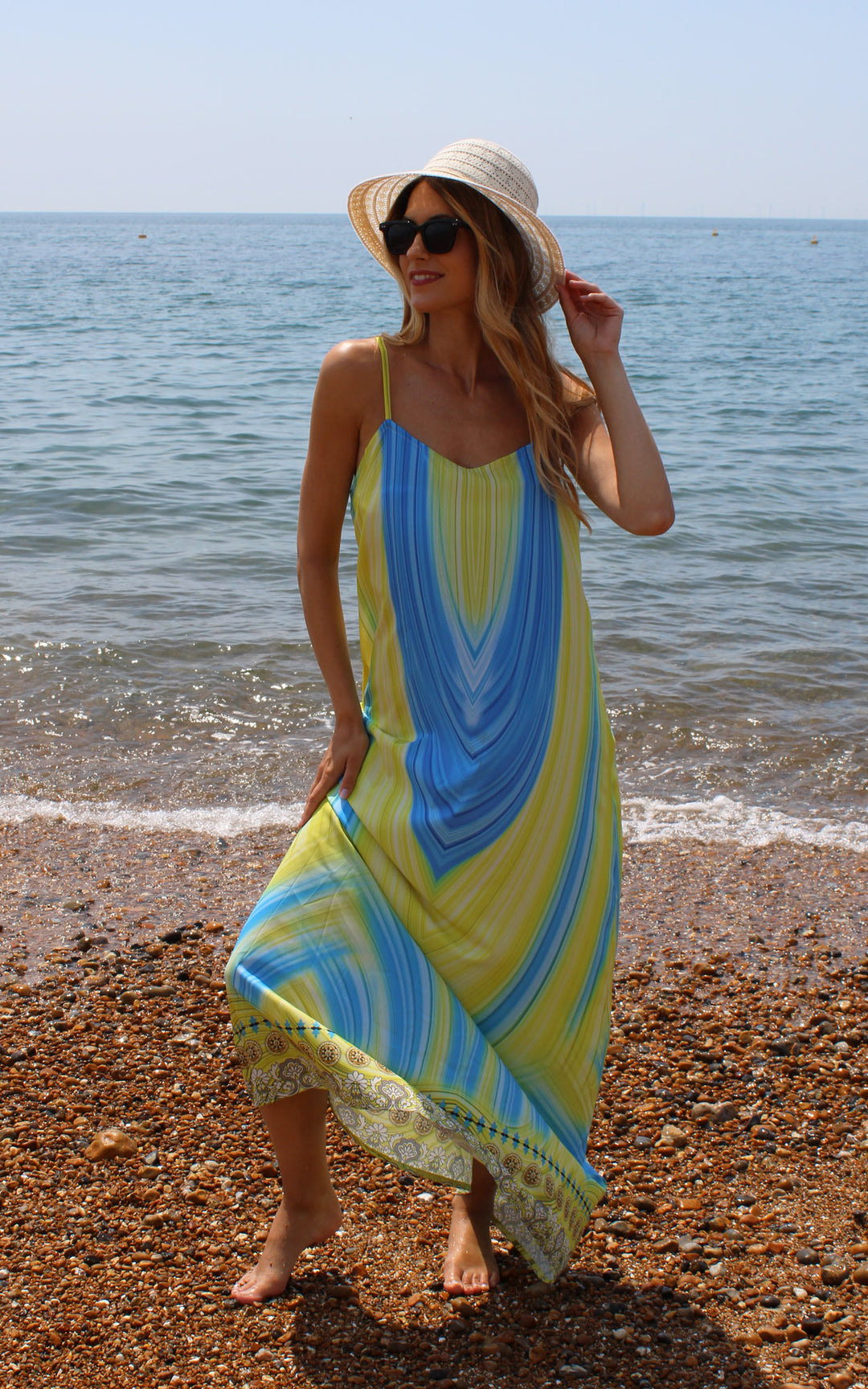 Blue and Yellow Strappy Dress with Print Hem Detail