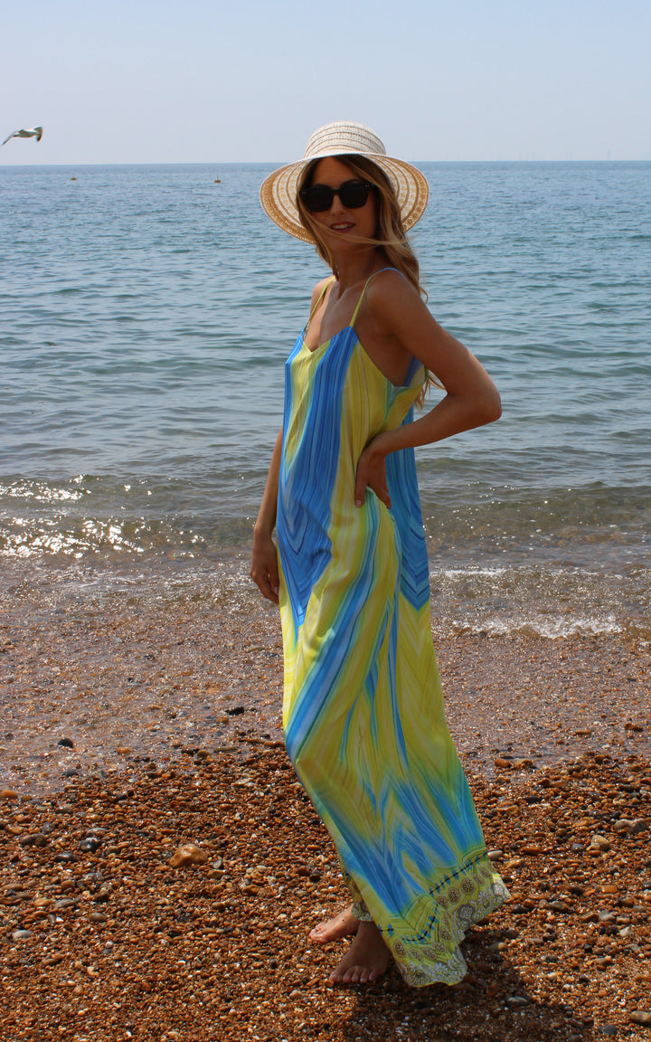 Blue and Yellow Strappy Dress with Print Hem Detail