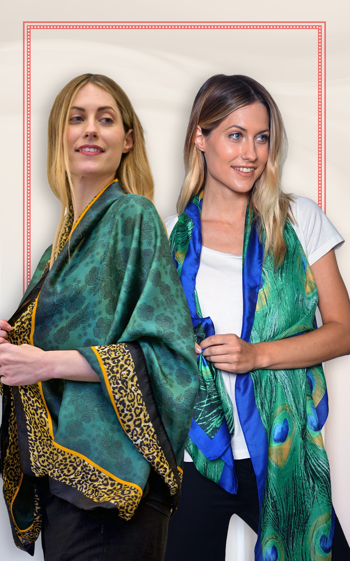 Peacock Silk & Emerald Green Silk Scarf Combo