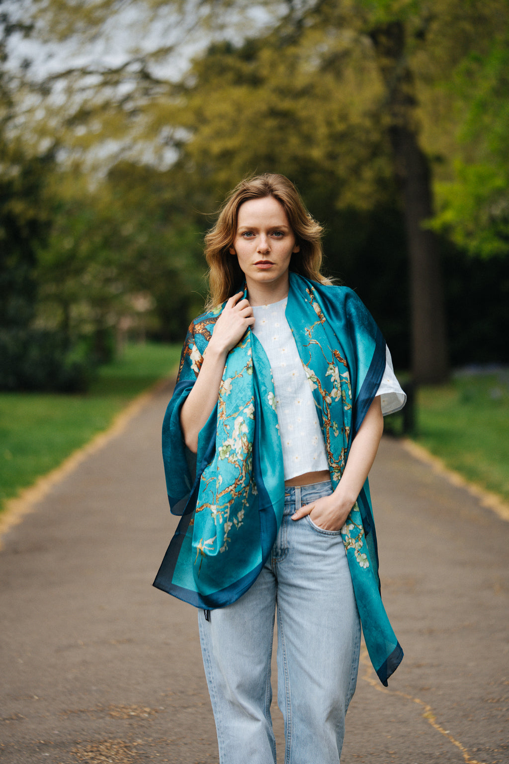 Blue Floral Silk Scarf