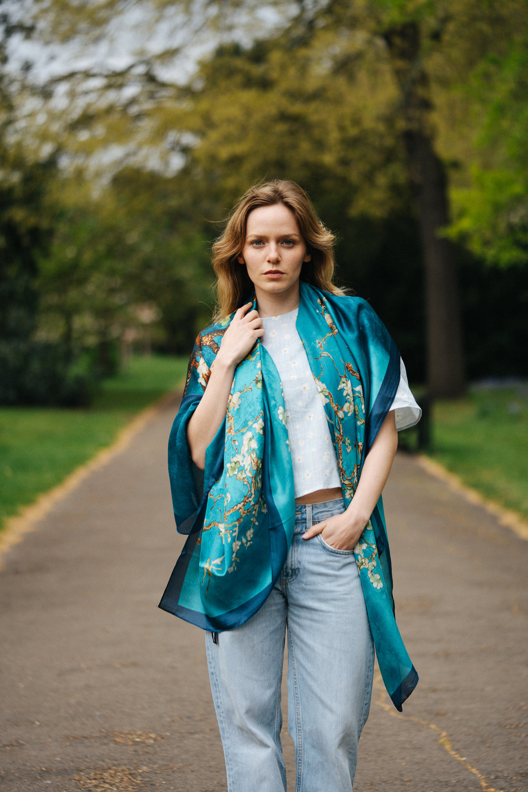 Blue Floral Silk Scarf