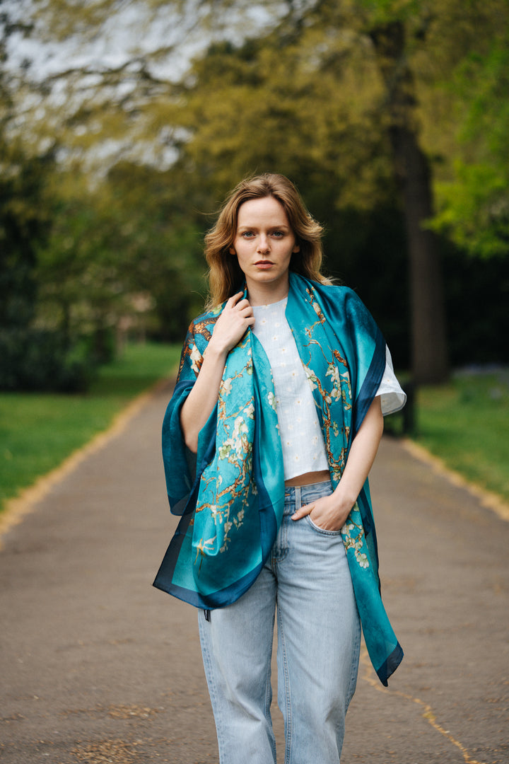 Blue Floral Silk Scarf
