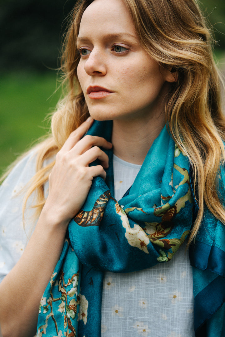 Blue Floral Silk Scarf