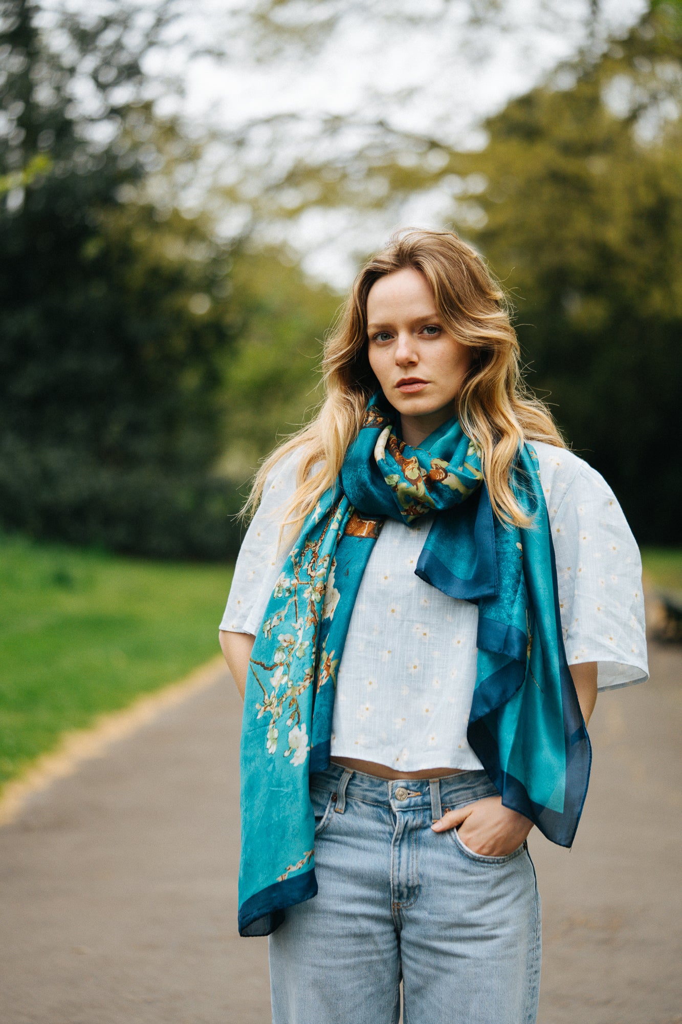 Blue Floral Silk Scarf