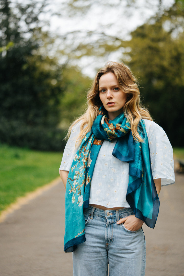 Blue Floral Silk Scarf