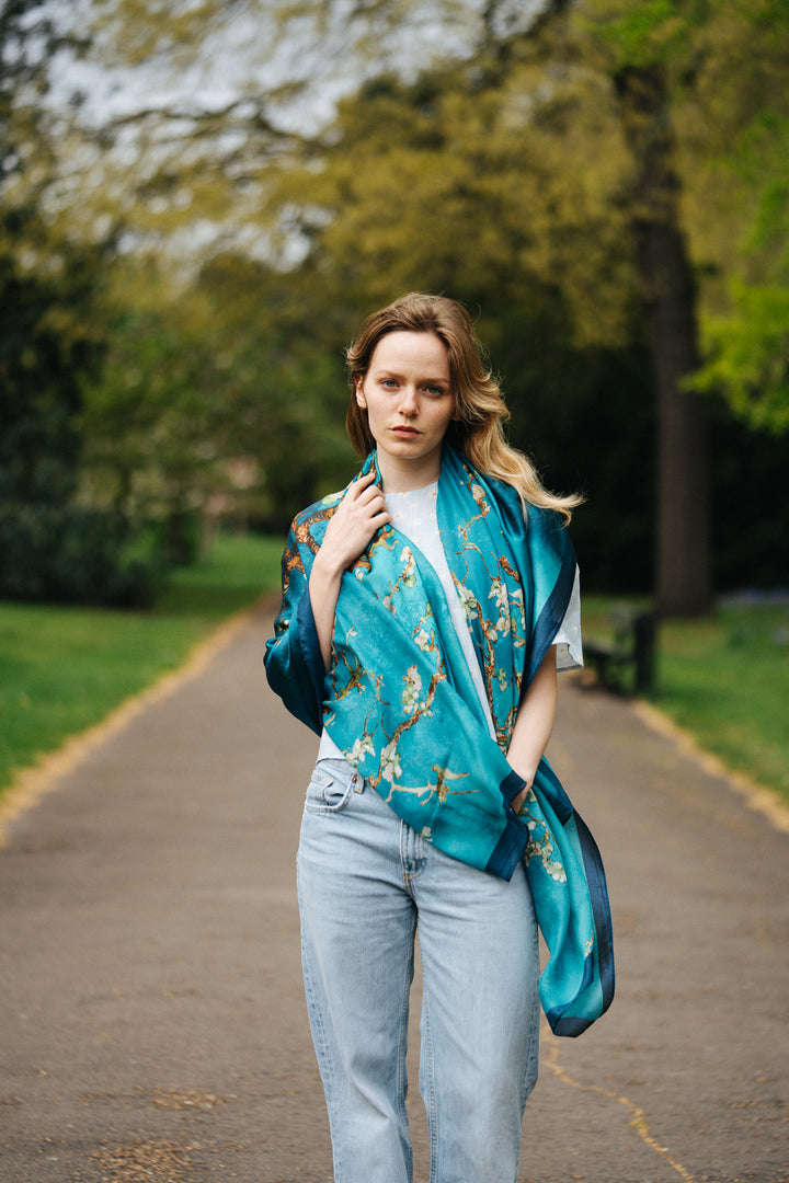 Blue Floral Silk Scarf