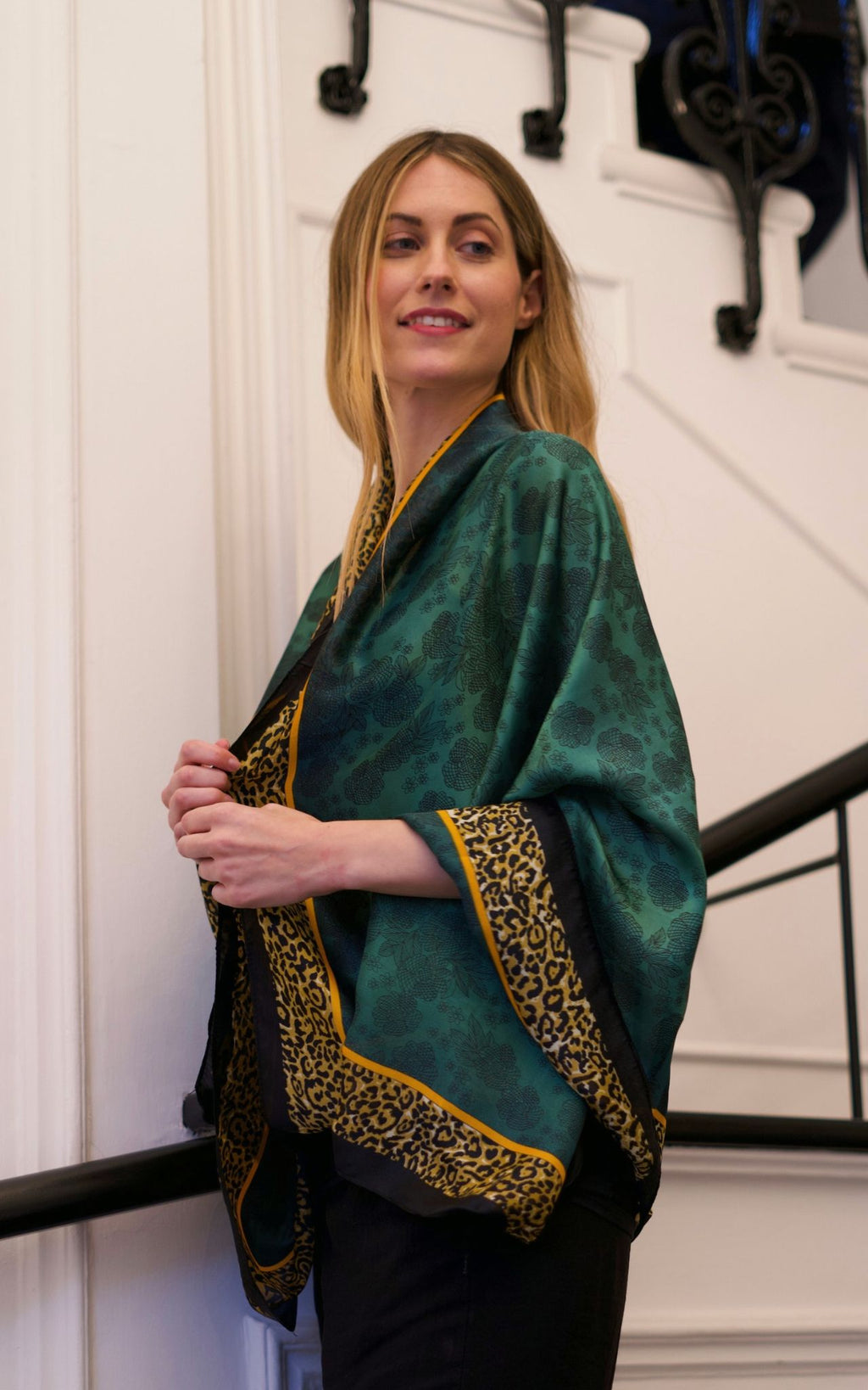 Emerald Green Silk Scarf with Leopard Border