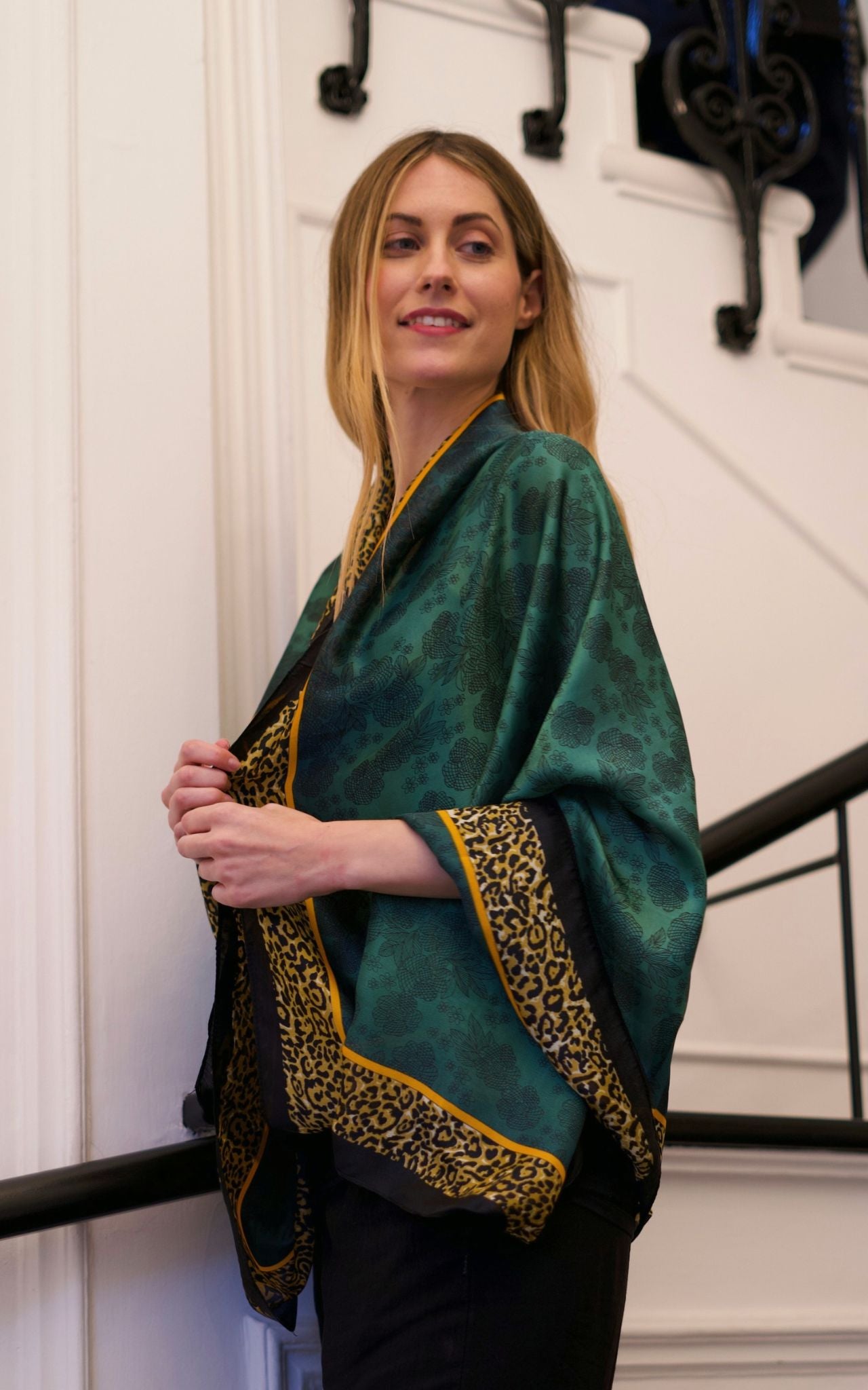Emerald Green Silk Scarf with Leopard Border