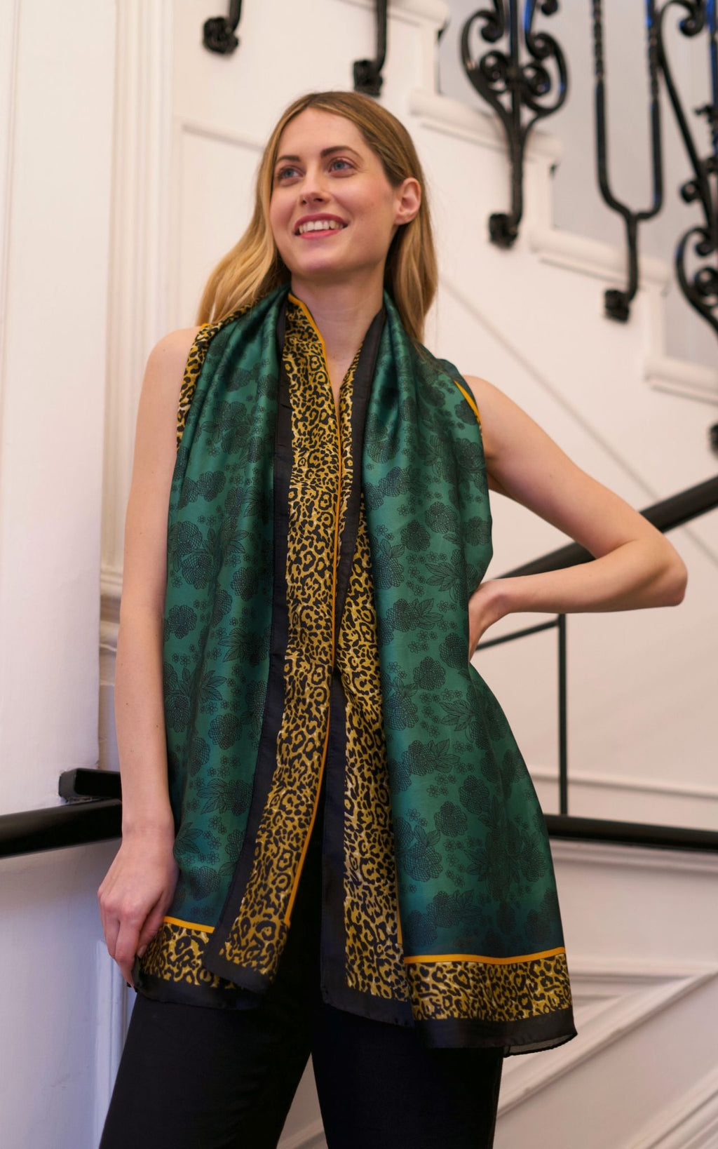 Emerald Green Silk Scarf with Leopard Border