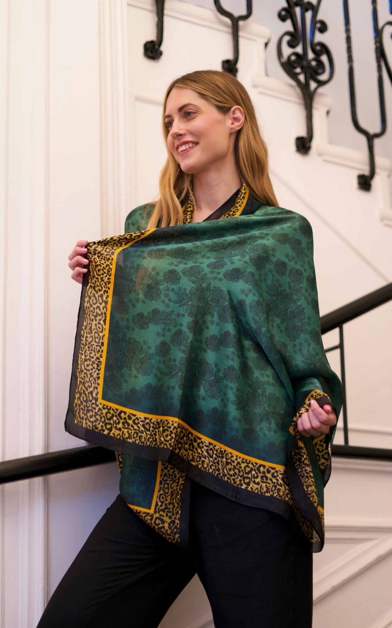 Emerald Green Silk Scarf with Leopard Border