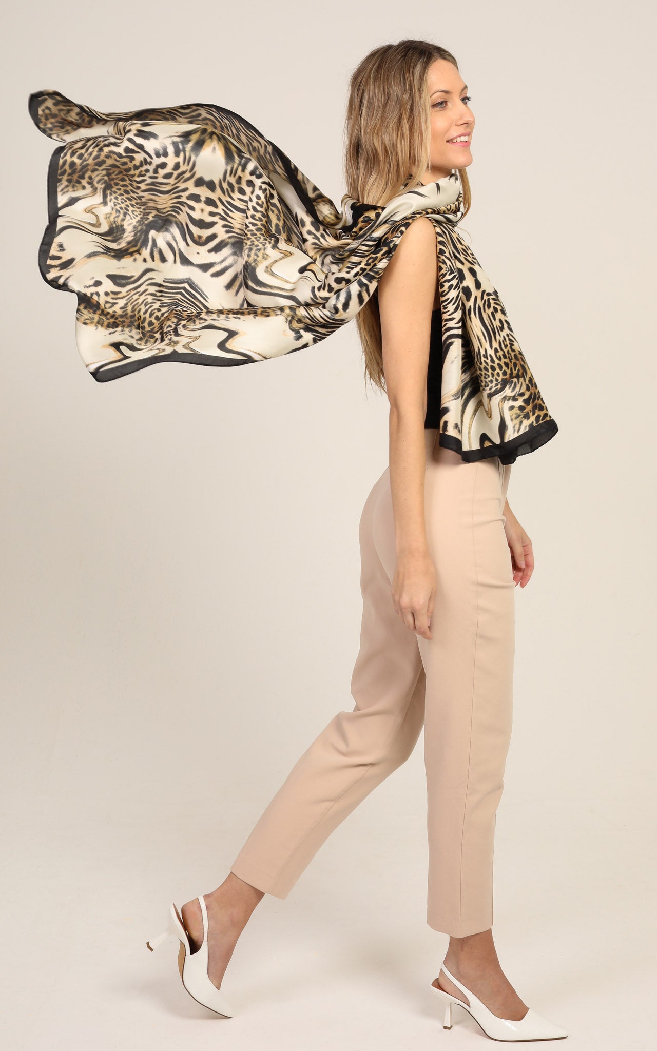 Leopard White Silk Scarf