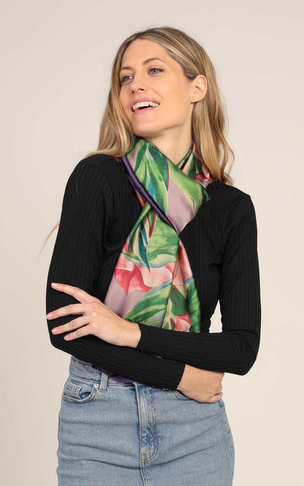 Grey Floral Silk Scarf
