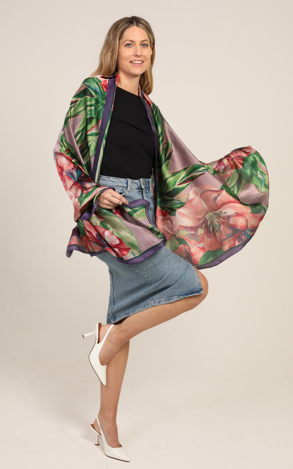 Grey Floral Silk Scarf