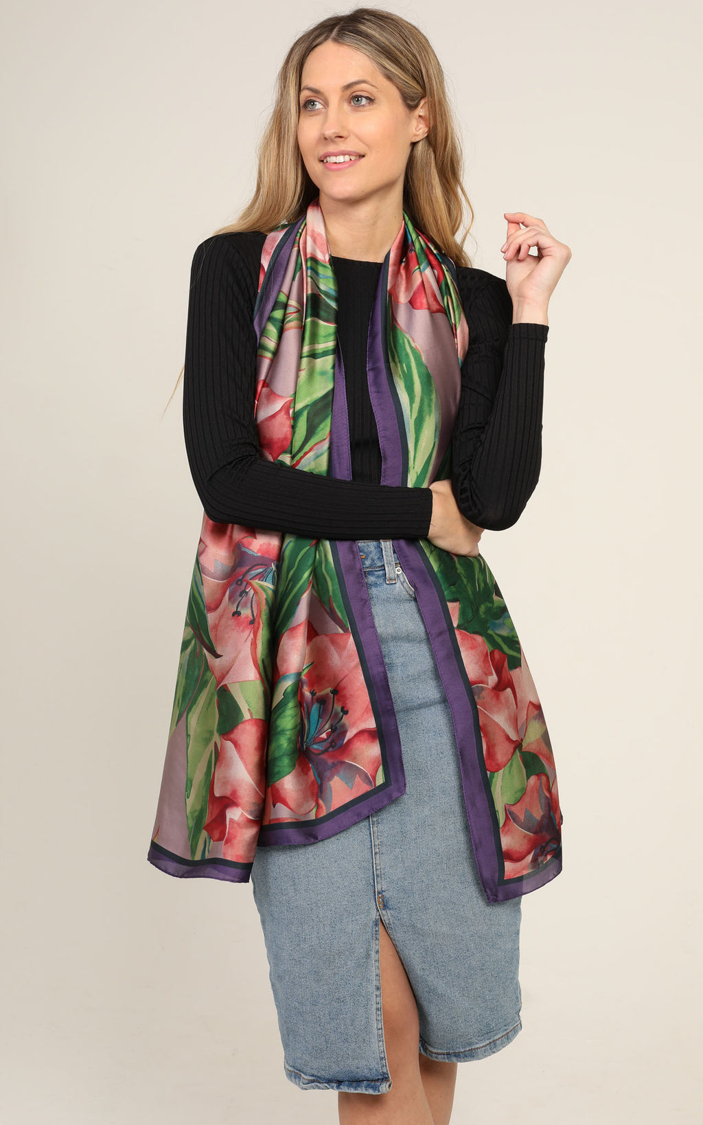 Grey Floral Silk Scarf