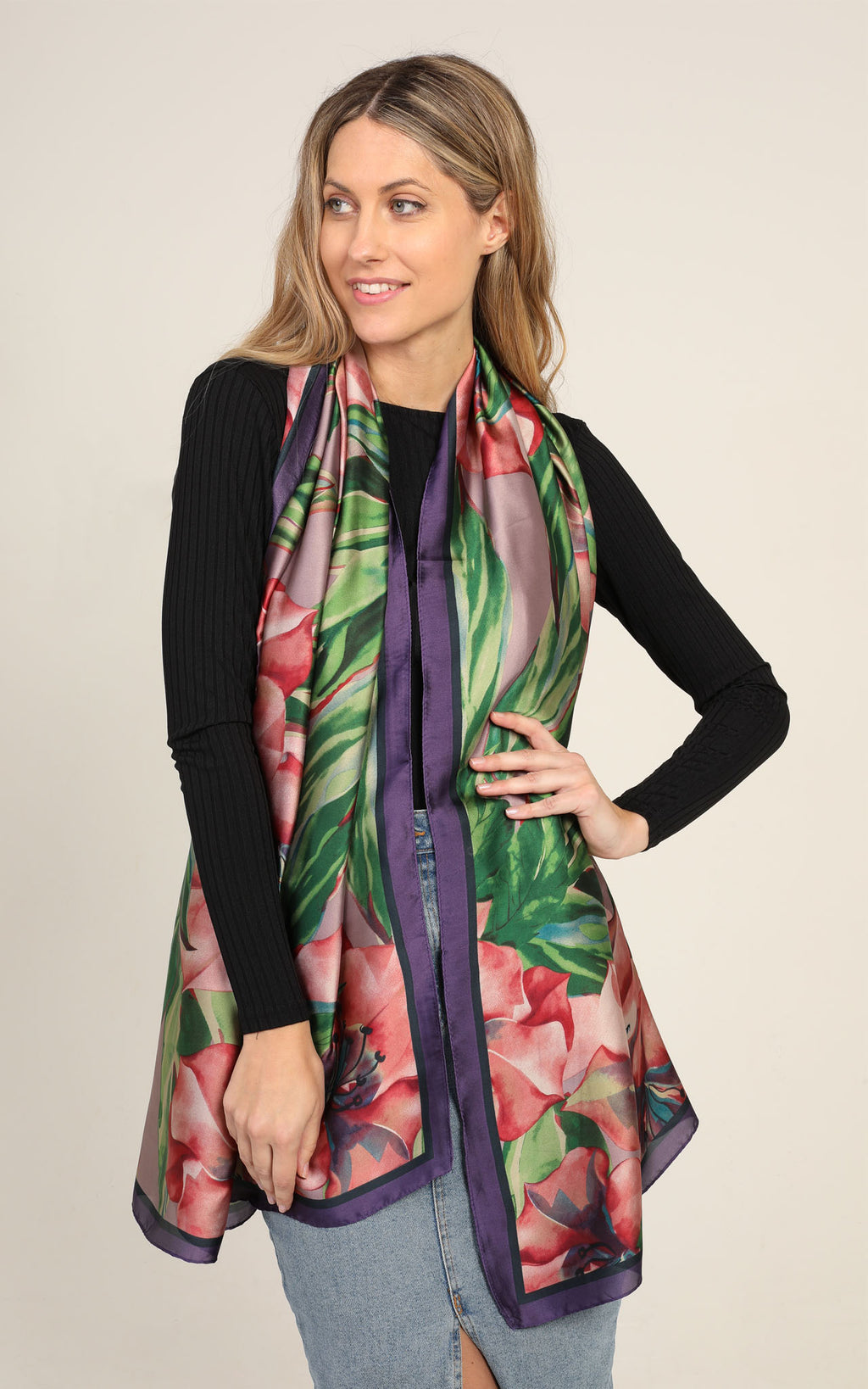 Grey Floral Silk Scarf