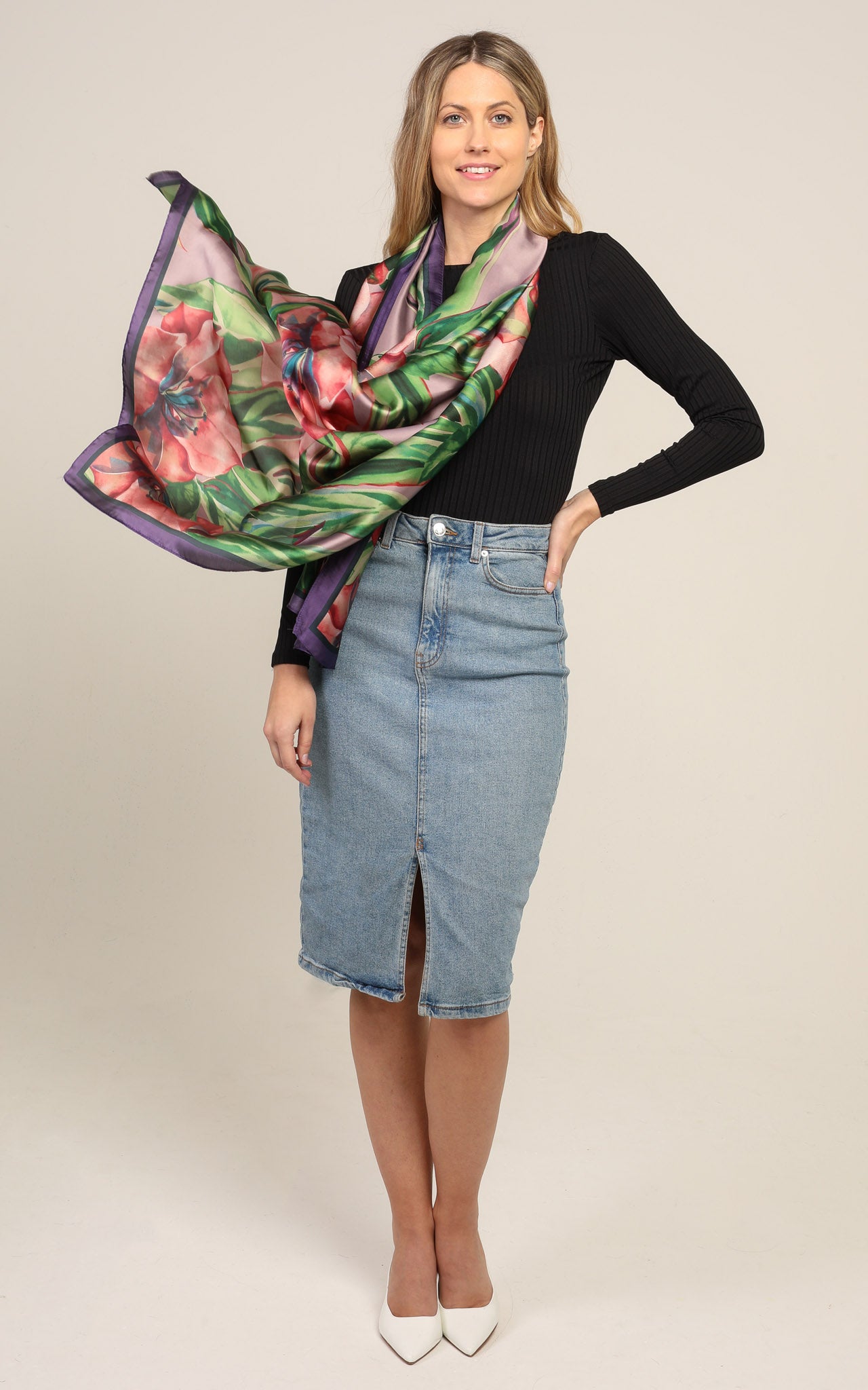 Grey Floral Silk Scarf