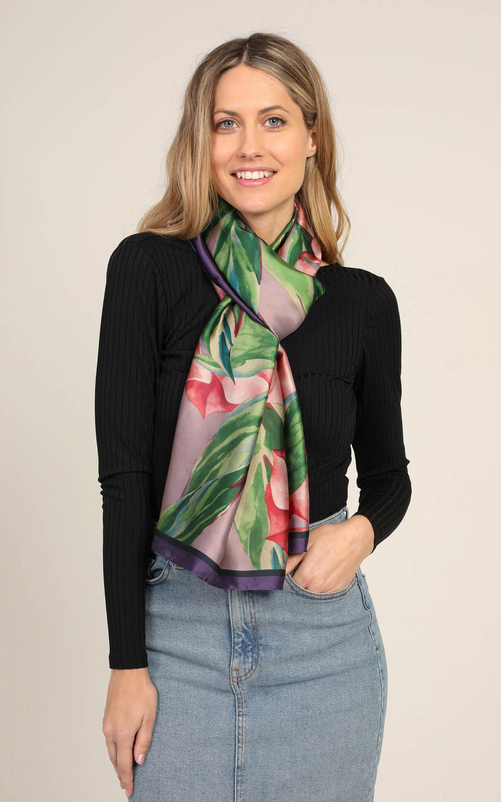 Grey Floral Silk Scarf