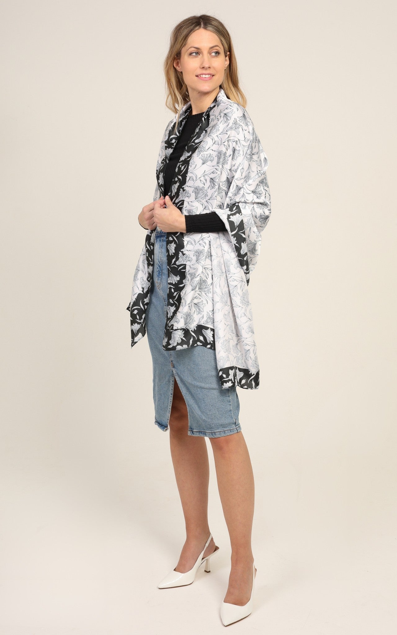 White and Black Silk Scarf