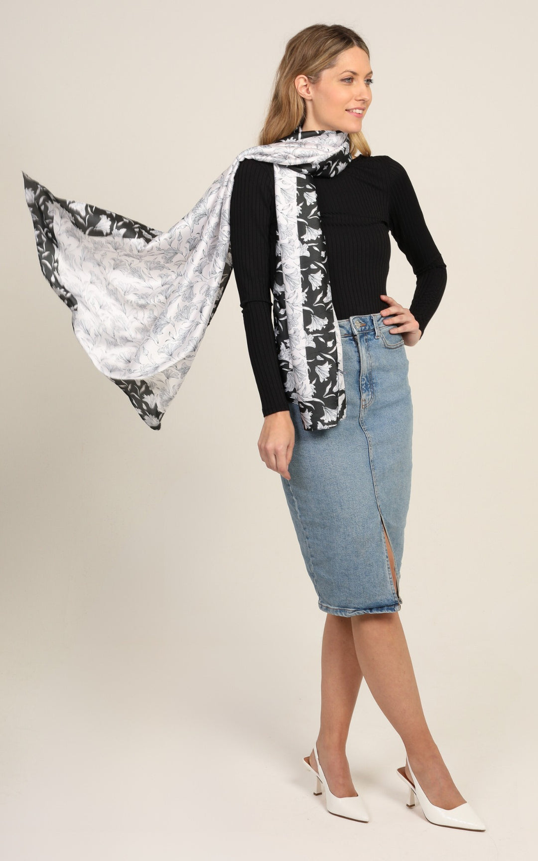 White and Black Silk Scarf