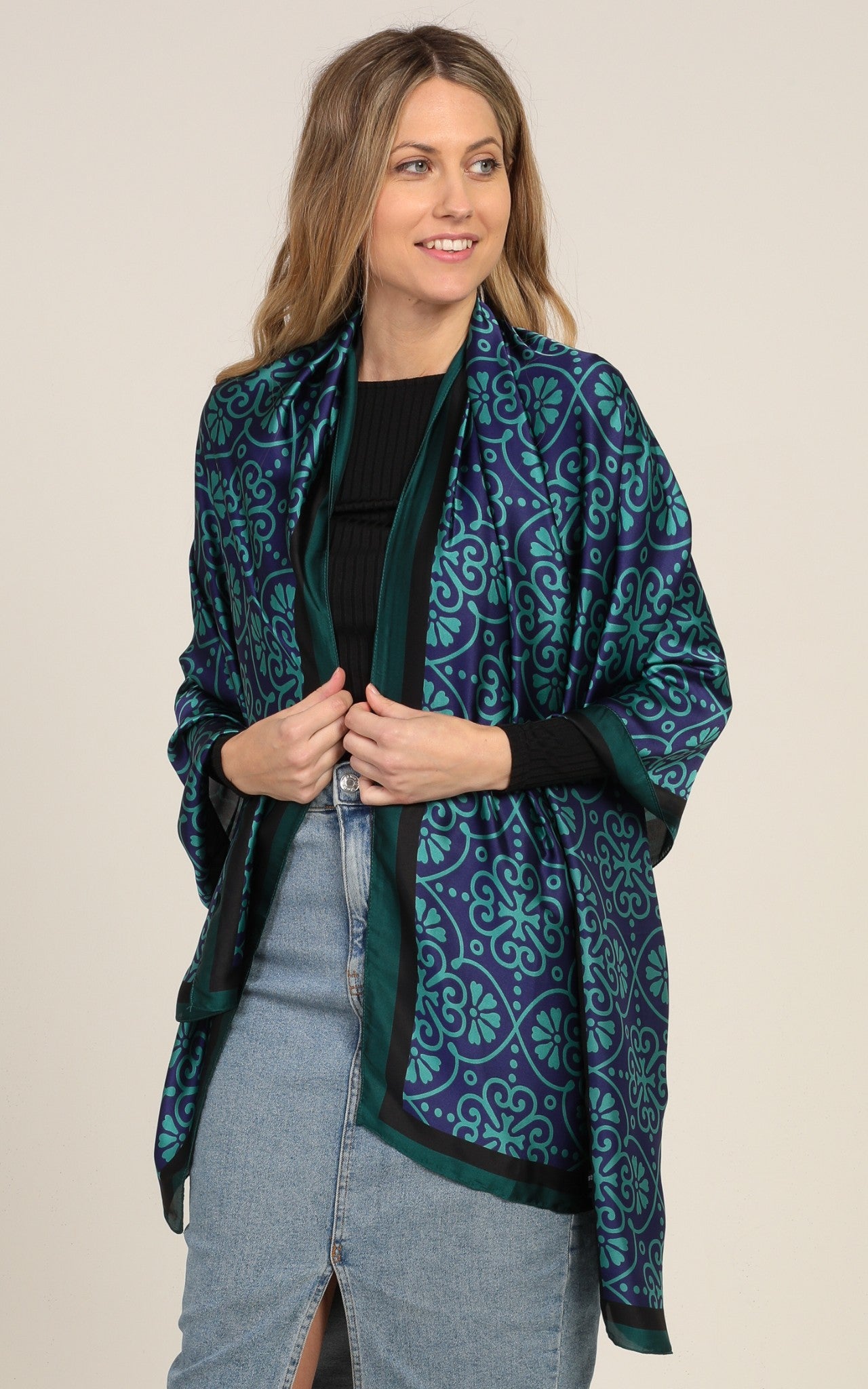 Blue Geometric Silk Scarf