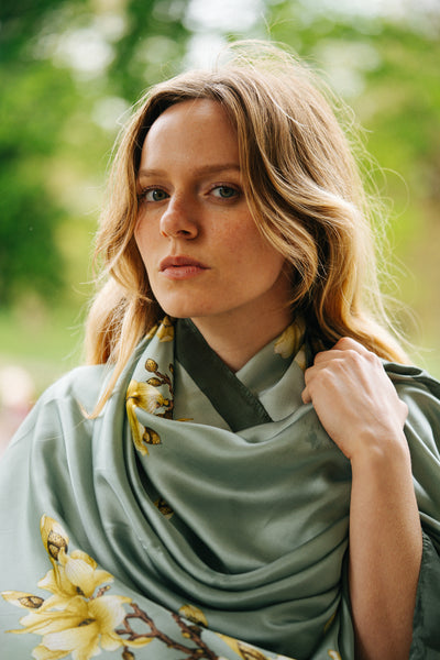 Light Green Floral Silk Scarf